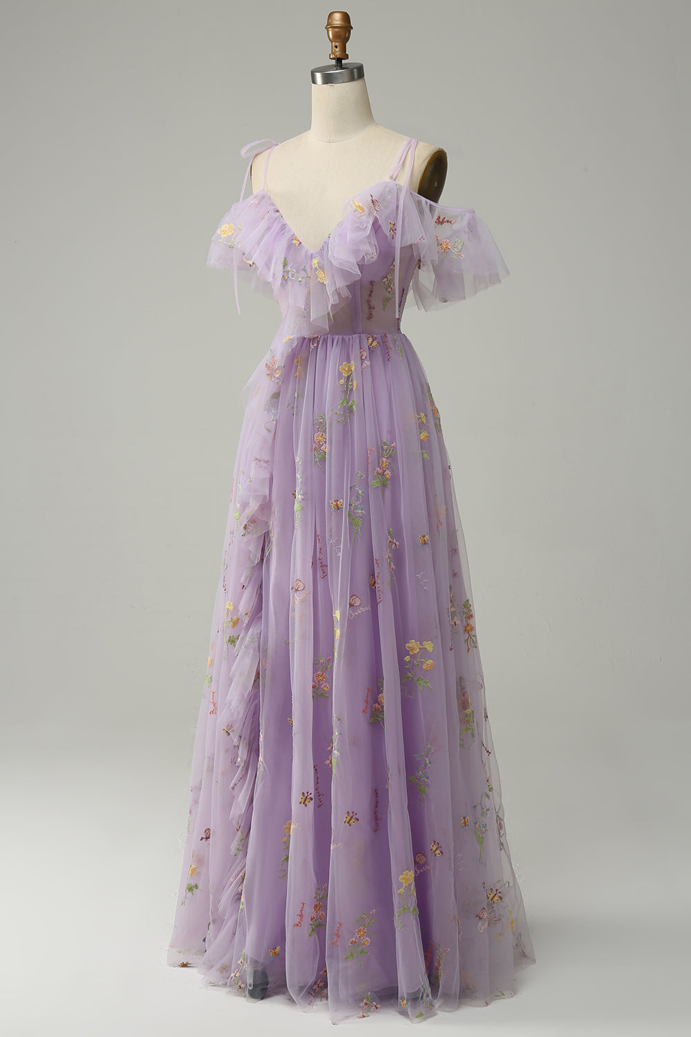 A-Line V-Neck Spaghetti Straps Embroidery Lavender Slit Prom Dress